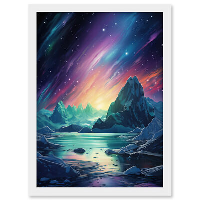 Purple Aurora Borealis Dawn Arctic Fantasy Landscape Framed Wall Art Print A3
