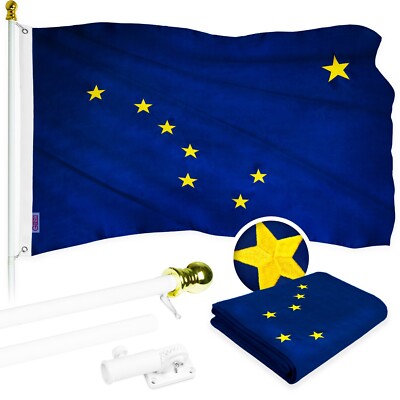 G128 5 Ft Flagpole (White) & Alaska Flag 2.5x4 Ft Embroidered 300D Polyester