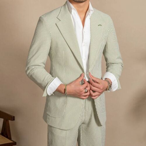 Men's Summer Seersucker Suits Regular Fit Notch Lapel Groom Formal Jacket Pant - Picture 2 of 17