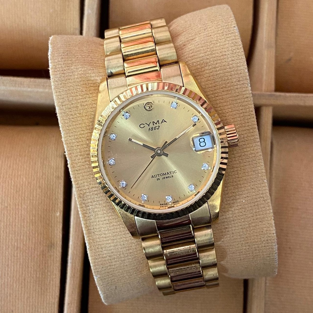 RARE CYMA Date Automatic Full Gold Diamond Index Watch Men Vintage