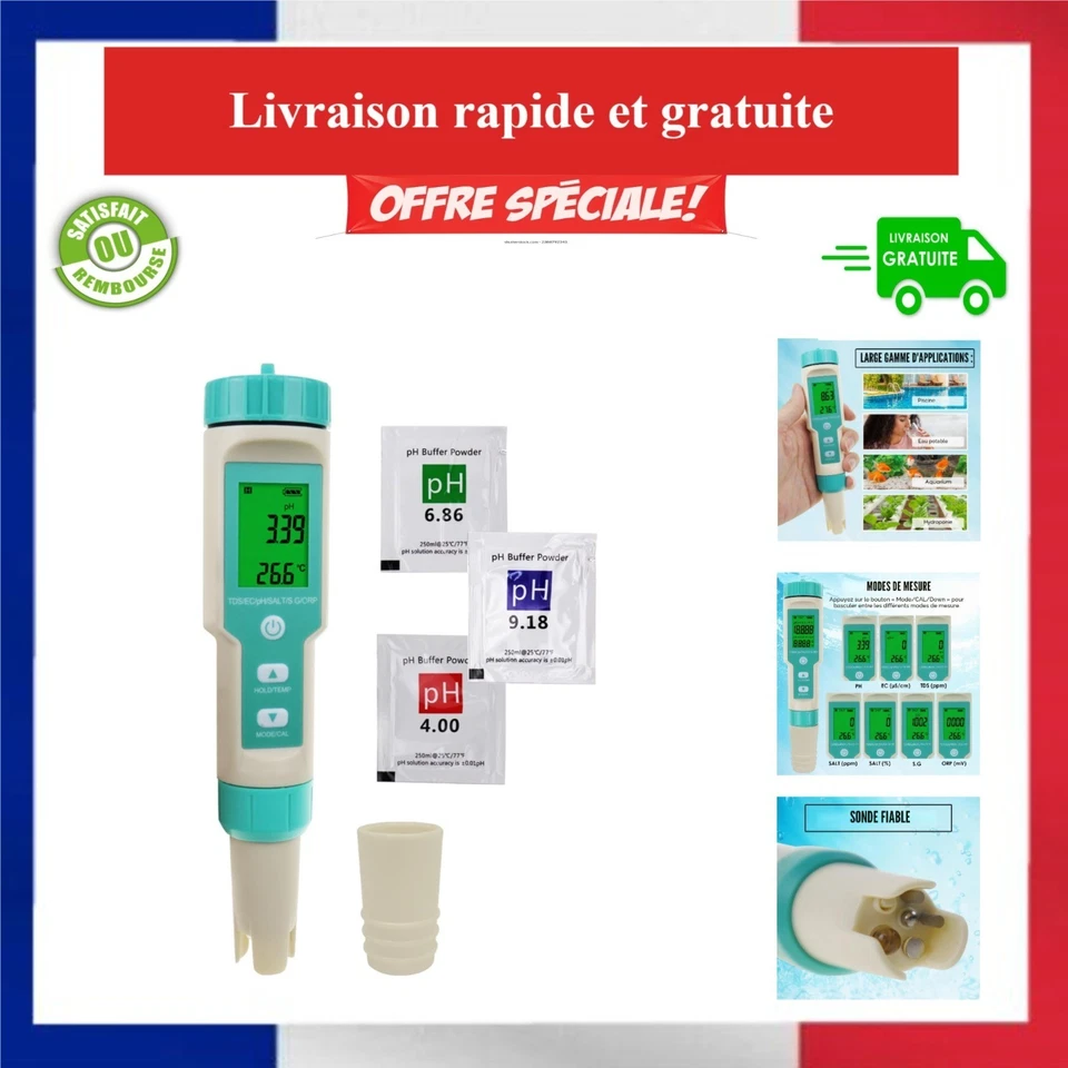 Testeur d'eau numérique 7 en 1 avec mesure du pH, TDS, EC, ORP, sel, S.G et d... - Photo 1/4
