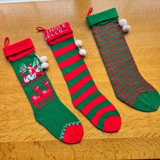 Set 3 Knit Christmas Stockings Retro Red Green Pom Poms Santa Reindeer Stripes 2