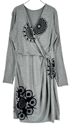 Desigual Damen V-Ausschnitt Langes Strickkleid Grau Long Kleid Größe L A-Linie - Bild 1 von 4