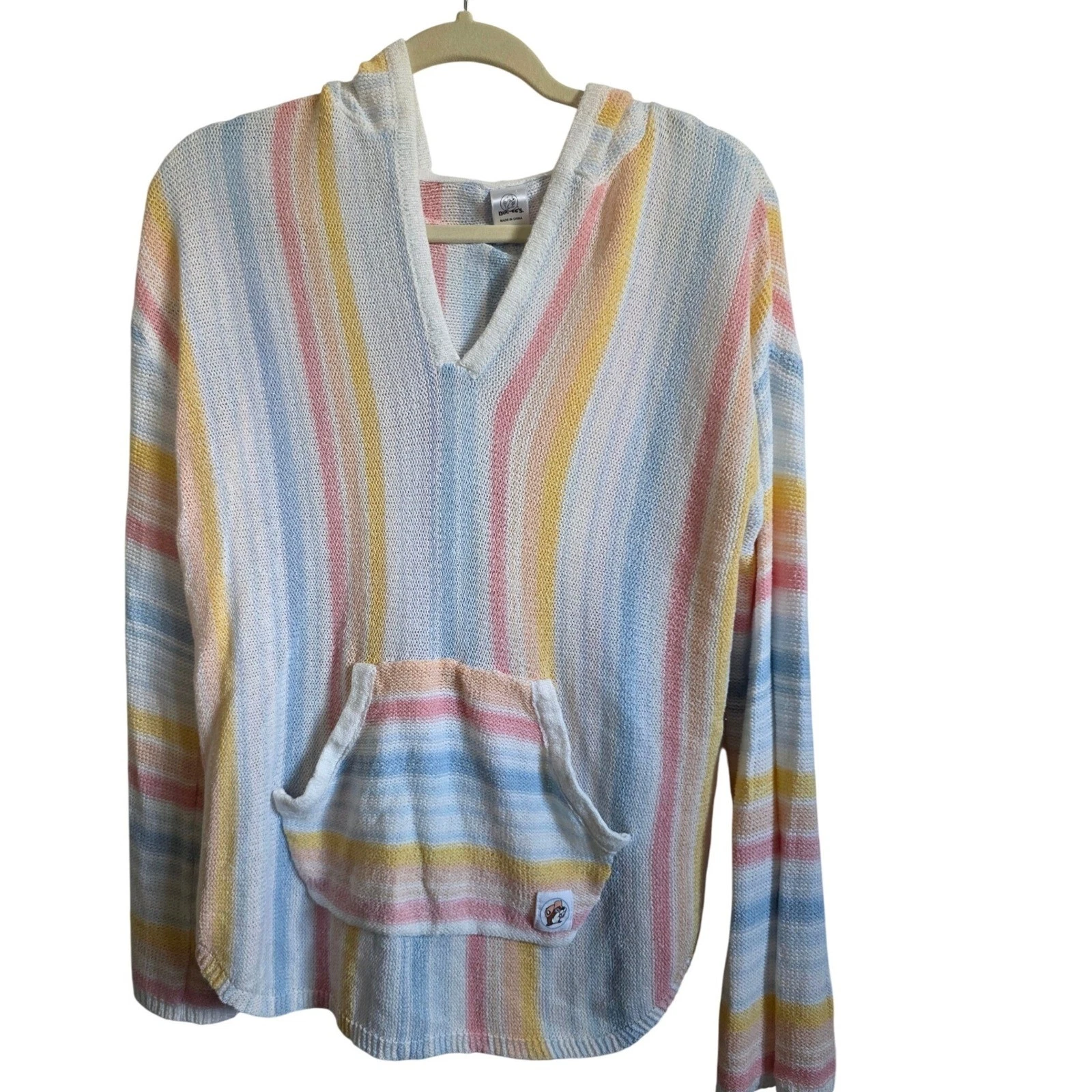 Buc-ees Women's Striped Lightweight Hooded Poncho Boho Sweater S Kangaroo Pckt