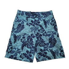 Lands End Kids Size M Boy's Swim Trunks Blue Floral Leaves Drawstring Summer