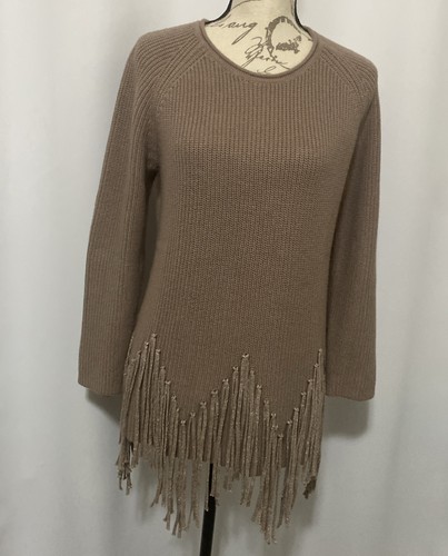 NWOT Chico's Size 2 Pullover Sweater Brown Sugar Silver Metallic Fringe Fall - Picture 4 of 14