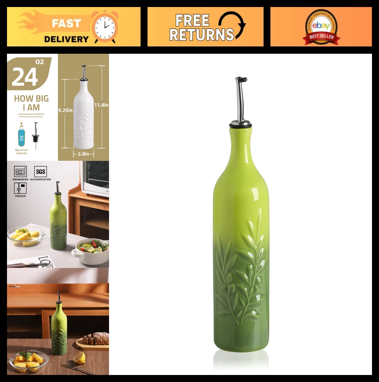 Large Ceramic Olive Oil Dispenser Bottle 24 Oz - Opaque Cruet for Oil, Vinegar &