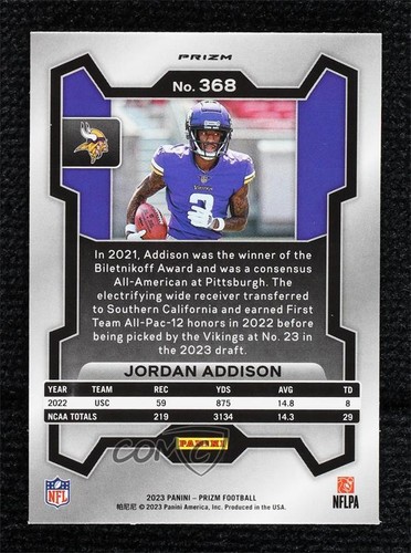 Panini Prizm Rookies 2023 verde neón Pulsar Jordan Addison #368 Rookie RC 0g4t - Imagen 2 de 3