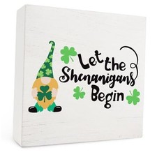 St.Patrick's Day Wooden Box Sign 5x5 Inch,Green Gnomes Shamrock Box Shamrock-3