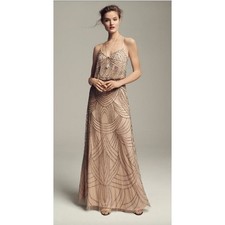 Adrianna Papell Beaded Maxi Dress Nude Champagne Formal Gown New w/ Defects
