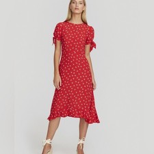 Faithfull The Brand Emilia Cherry Red Floral Tie Sleeve Midi Dress Rayon Sz 6