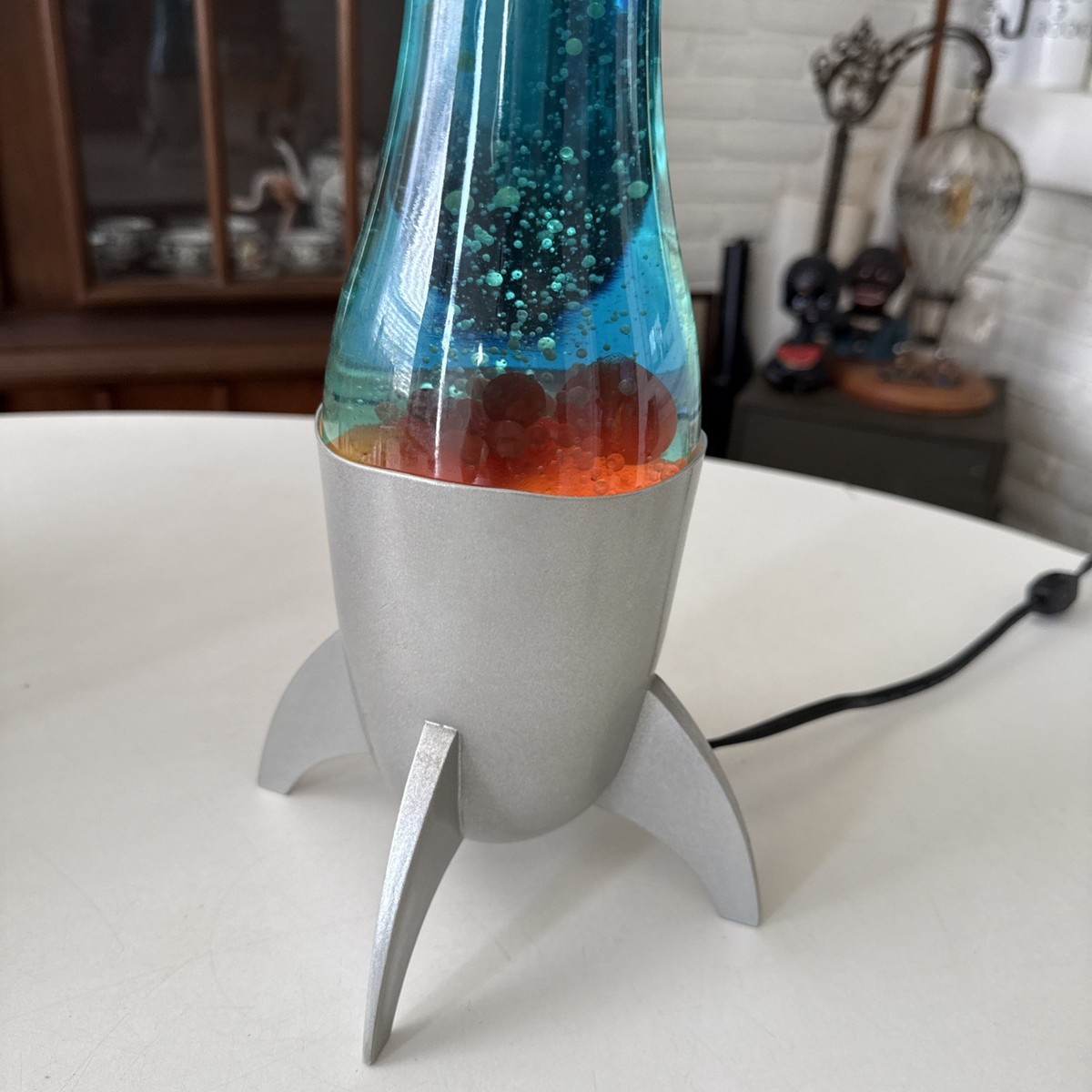 Vintage Rocket Ship Spaceship Lava Lamp Blue Liquid Orange Lava