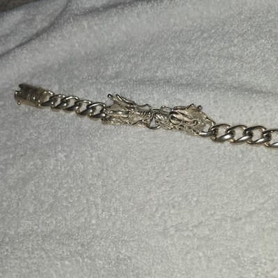 Sterling Silver Tone Curb Chain Dragon Link Bracelet,Box Clasp