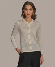 Donna Karan New York Metallic Cardigan Women's L Cream/Gold Button Front L/S