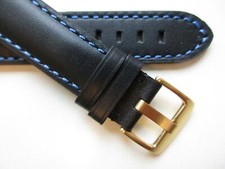 Black plain "blue stitched" 22 mm - curved lug - leather watch band strap