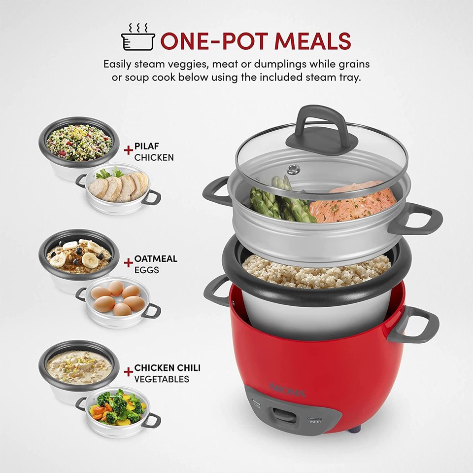 Aroma Housewares Rice Cooker and Food Steamer Red 6 Cup (Cooked