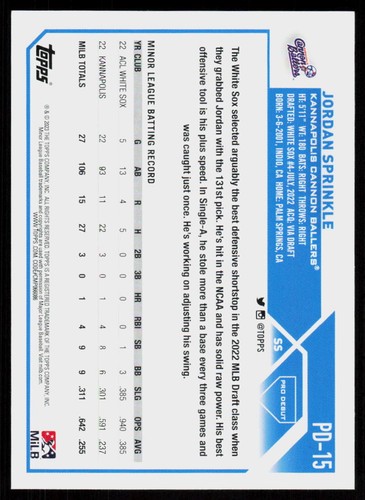 2023 Topps Pro Debut JORDAN SPRINKLE #PD-15 Baseball Cannon Ballers - Picture 2 of 2
