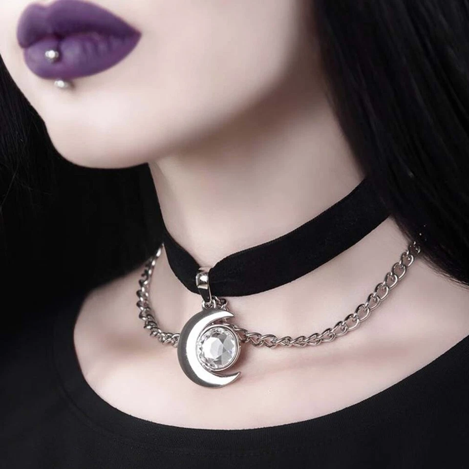 Killstar Gothic Goth Okkult Samt Choker - Moonstone Halsband Mond Kristall