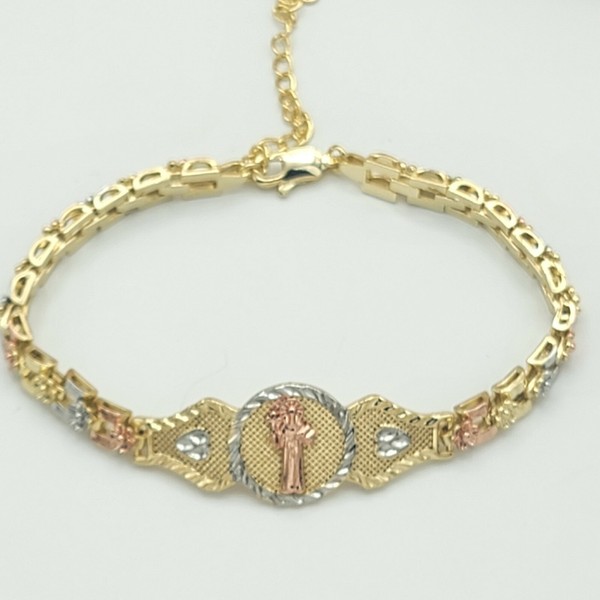 Alternate view of Tri Color Gold Plated Saint Benedict Bracelet. Pulsera San Benito Oro Laminado