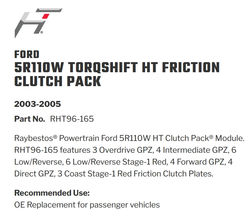 5R110W Transmission Friction Clutch Kit 2003-05 Hybrid Tech Raybestos RHT96-165 - Image 3 of 3