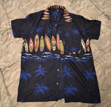 Hawaiian Shirt Men's Large Short Sleeved Blue Surfboards Pattern unb
