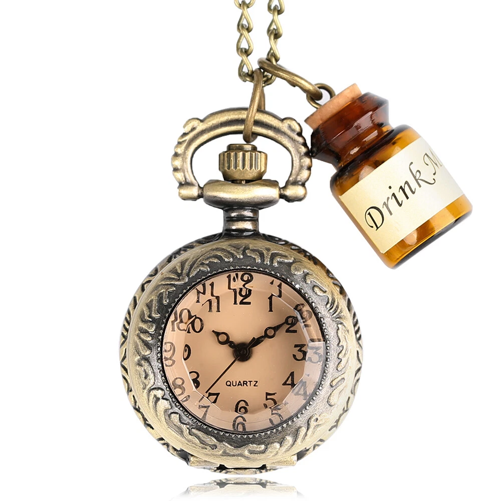 Small Pocket Watch Alice in Wonderland Drink Me Necklace Pendant