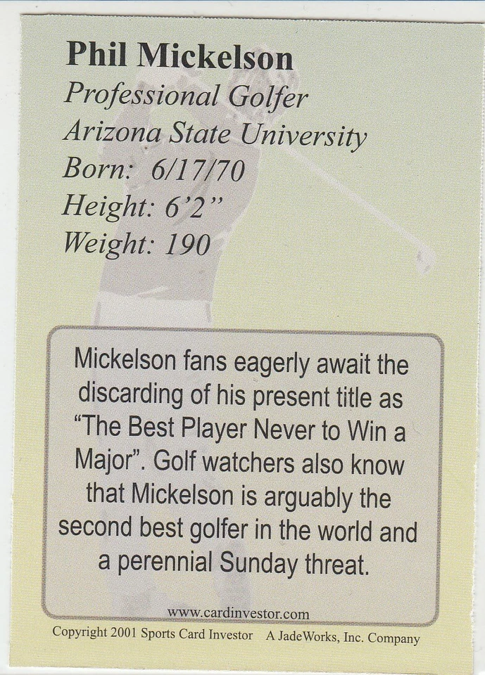 '01 PHIL MICKELSON SCI GOLF REFRATOR DE PLATINA 1 DE 2000 CARTÃO DE NOVATO DE GOLFE RC - Imagem 2 de 2