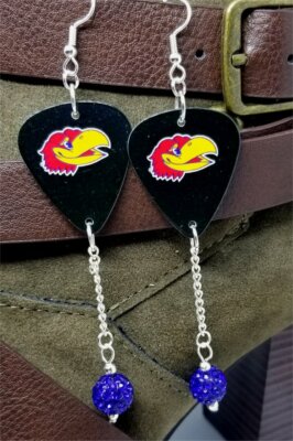 University of Kansas KU Jayhawks Guitar Pick Earrings with Blue Pave Bead Dangle