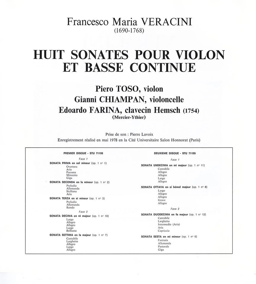 VERACINI 8 Sonatas f. Violin & Continuo TOSO FARINA CHIAMPAN Erato STU-71197 2LP Foto 2 de 3