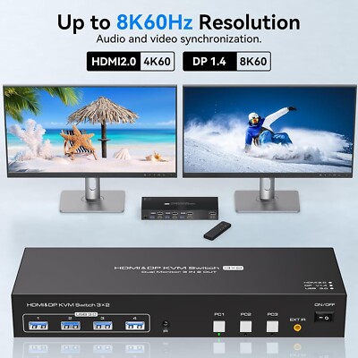 USB3.0 HDMI+Displayport KVM Switch 3 Computer 2 Monitore 4K60Hz KVM Switches Wi