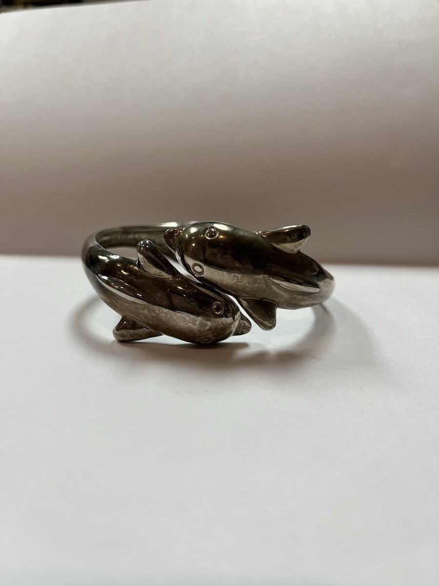 VINTAGE DUAL SILVER PLATED DOLPHIN HINGED CUFF BRACELET