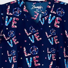 LOVE PEACE Womens Size SMALL Stretch Scrub Top NWT Red White Blue
