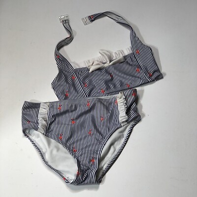 Joe Boxer Girls size 7 / 8 Swimsuit blue white stripe W/ Flamingos