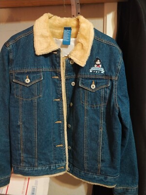 Disney Mickey Mouse Adult Sherpa Collar Denim Jean Jacket For