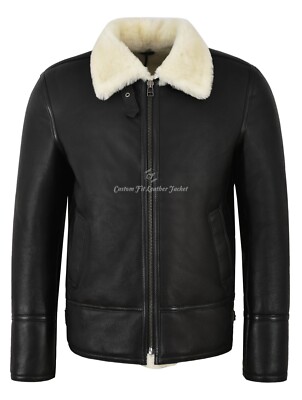 Men s B3 Sheepskin Jacket Black Ivory Real Fur Bomber Pilot RAF Jacket Harbin
