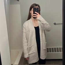 Womens Knit Cardigan Open Front Sweater Long Cream Size M Front Pockets