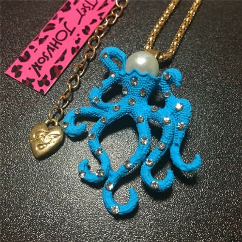 Betsey Johnson Pearl Octopus Crystal Turquoise Pendant Necklace Free Gift Bag - Picture 1 of 4