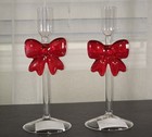 NEW Holiday Time Clear Glass Christmas Taper Candle Holder with Red Bow Set of 2