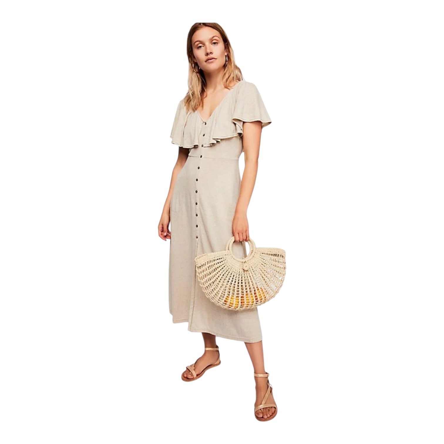 FP Beach Womens Tan Ruffle Neck Linen Blend Messenger Midi Dress XS