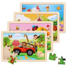 Wooden Puzzles Toys for Kids Ages 3-5, Set of 4 Packs with 20-Piece Farm, Ani...