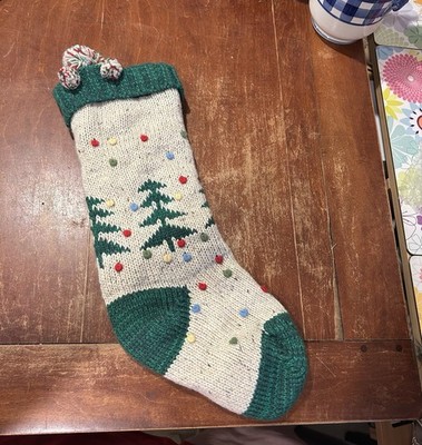 CHRISTMAS STOCKING KNIT COLORFUL POM POMS TREE ASPEN HEIRLOOM 21  RED BLUE GREEN