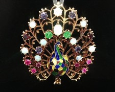 Vintage Solid Gold Opal Emerald Garnet Pink Blue Sapphire Peacock Brooch Pendant