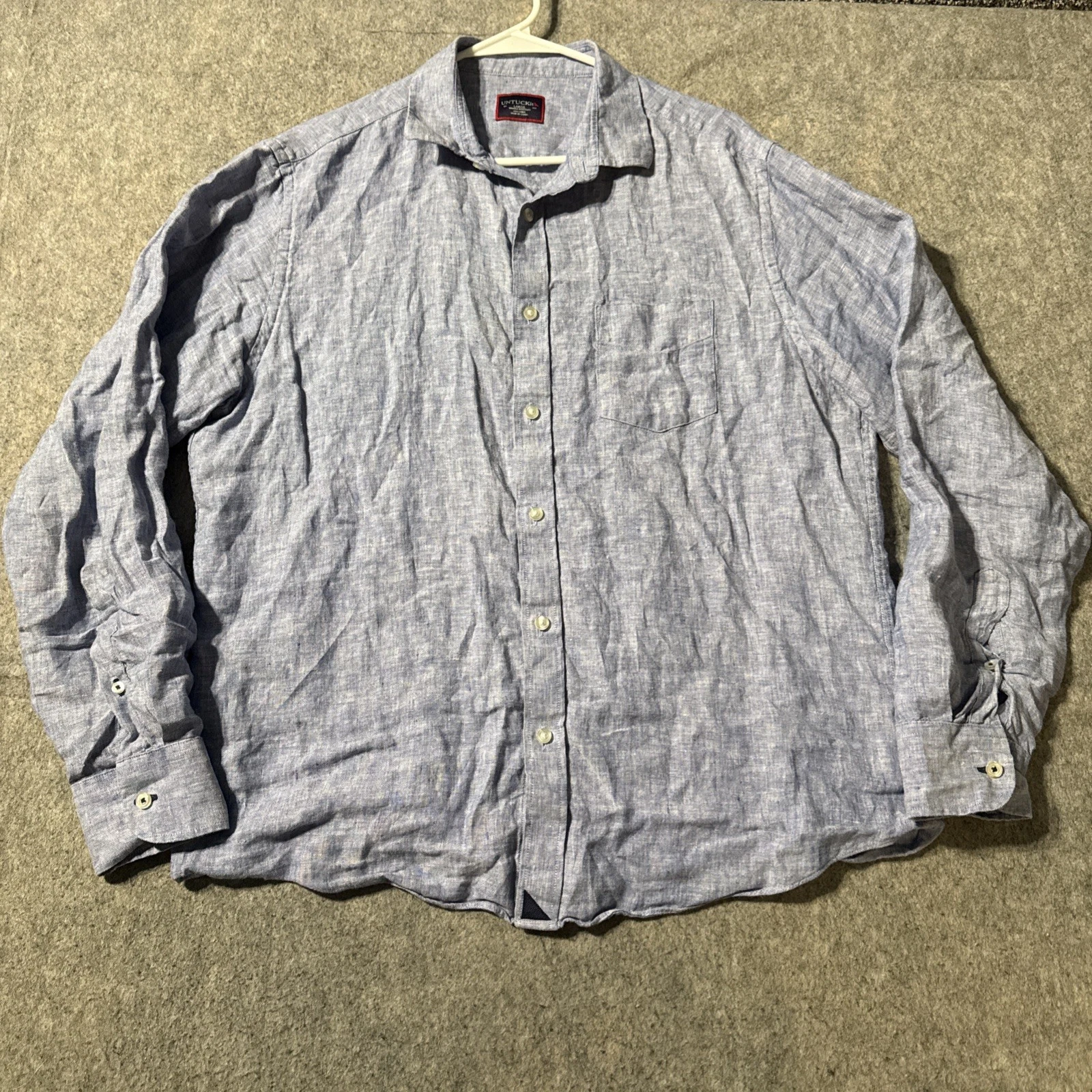 Untuckit Linen Shirt Mens Large Long Sleeve Button Up Blue Pocket Beach Wrinkle