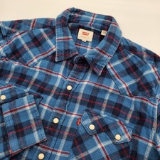 Levis Mens Blue Plaid Western Flannel Pearl Snap Long Sleeve Shirt Size M