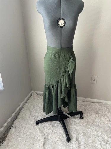 Emerson Lang Womens Skirt Asymmetrical Tiered High Low Ruffle Midi Dark Green XL