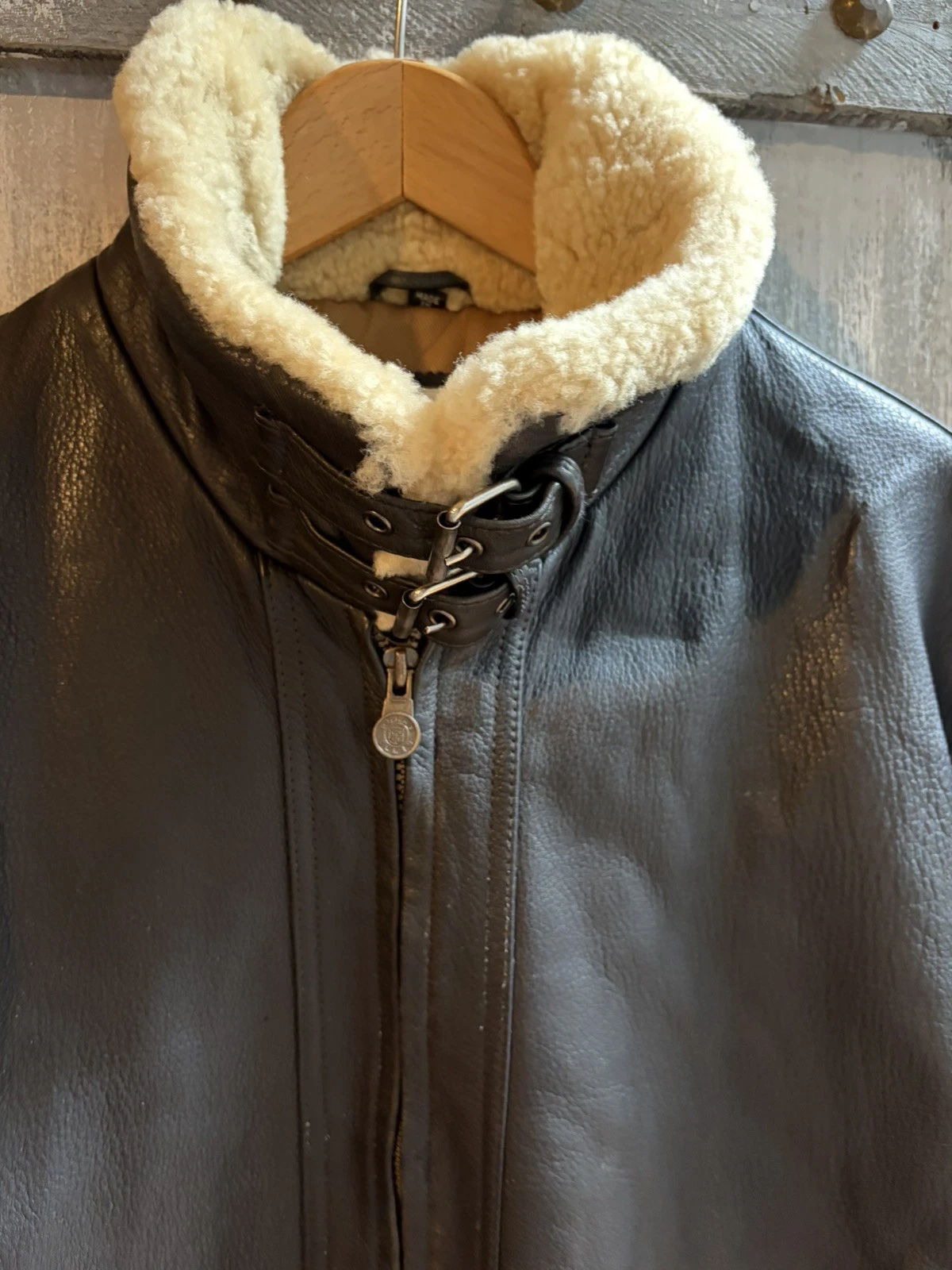 Vintage Perry Ellis Aviator Leather Jacket Mens Large sheepskin Collar image 1