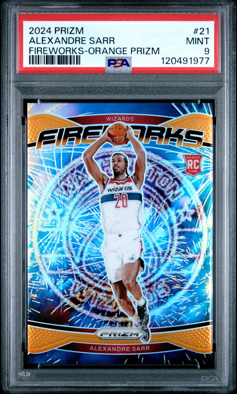 Alexandre Sarr, #/49 Orange Prizm Fireworks, 2024 Panini Prizm #21, PSA 9 - MINT