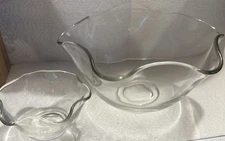 Vintage MCM Clear Glass Chip And Dip Set with Ruffled Wavy Edge-Thick Glass