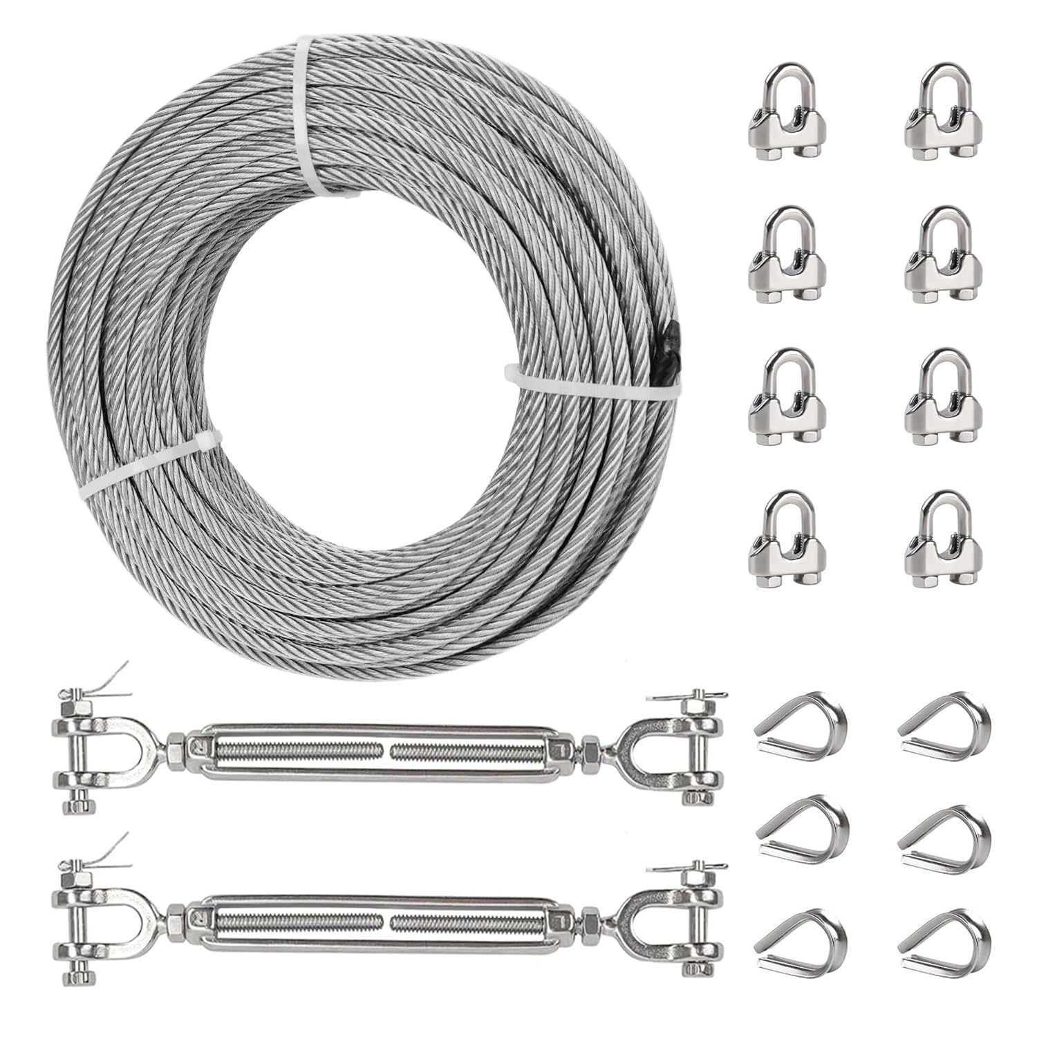3/16" Wire Rope Kit with 100FT Stainless Steel Cable & 2 Pcs 1/4 Turnbuckle