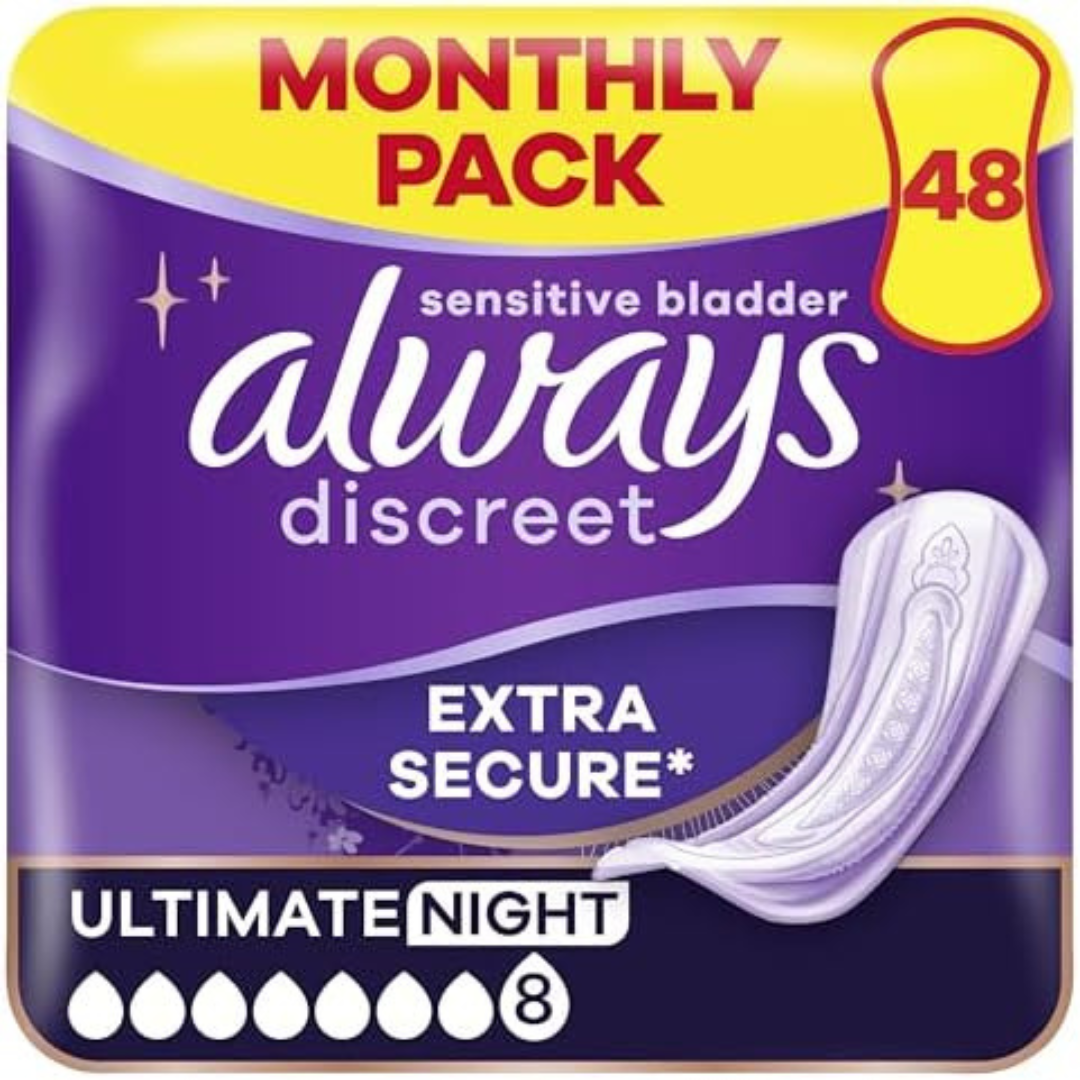 48 count Always Discreet Incontinence Pads Plus Women Ultimate Night Heavy Leak